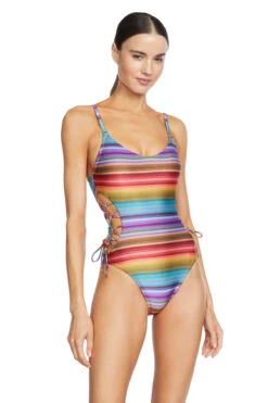 Ines Textured Lace Up One Piece Swimsuit