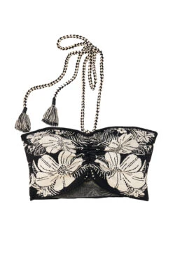 Farm Rio Macaw Elegance Halter Crop Top -Swimming Gear Shop 311567 Apparel Top Macaw Elegance Black Laydown