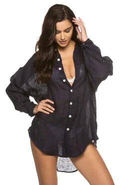 Playa Button Down Shirt Dress -Swimming Gear Shop 8NLSEGMD Apparel Top Midnight EcoLinen Gauze Front1
