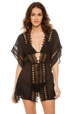 ELAN Crochet Detail Kimono -Swimming Gear Shop ELA BLACK BL Kimonos Front 95052
