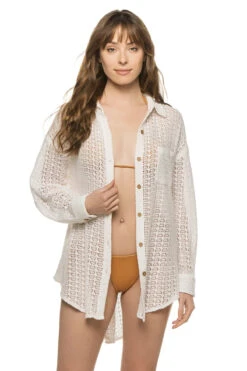Crochet Button Up Shirt Dress -Swimming Gear Shop G11043 Apparel Top White Front1