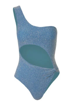 Nikka Metallic Asymmetrical One Piece Swimsuit -Swimming Gear Shop NIKKA ONE PIECE One Piece Swimsuit Glossy Blue Laydown