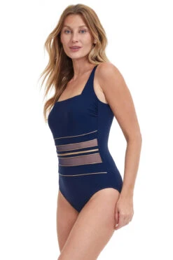 Metallic Mesh One Piece Swimsuit -Swimming Gear Shop OO 172A One Piece Swimsuit Navy Gold Side