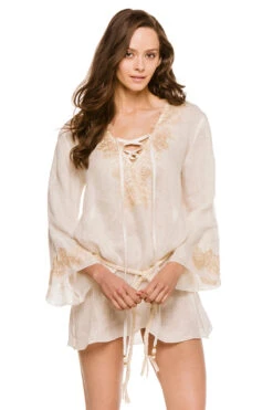 Kate Linen Long Sleeve Dress -Swimming Gear Shop VTR NEUTRAL IVRY Sundresses Front2 100017